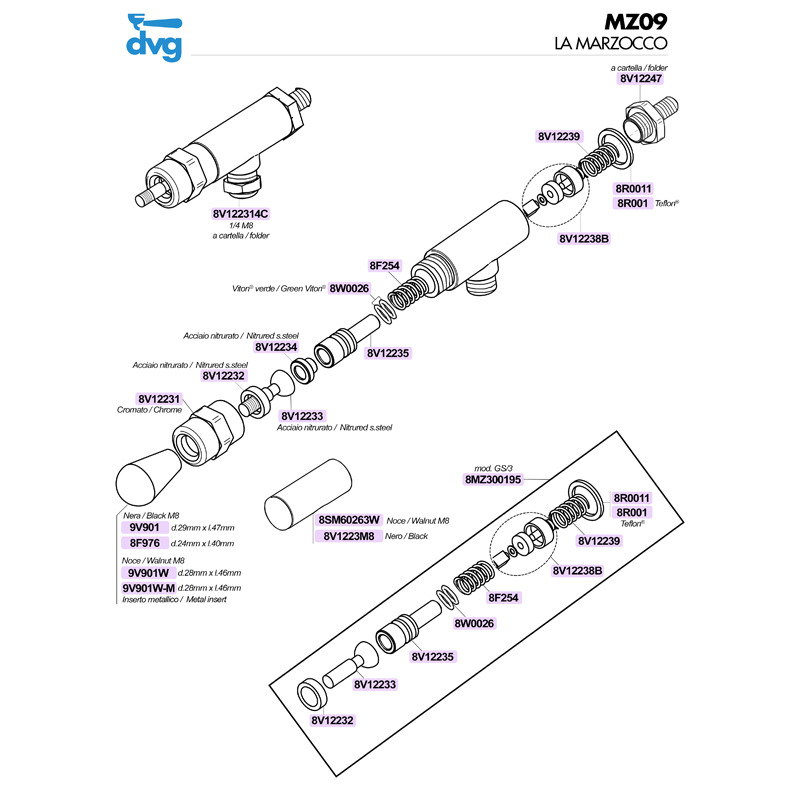 VBM WALNUT GROUP HANDLE WITH METALLIC INSERT M8 D.28X46MM Spare parts