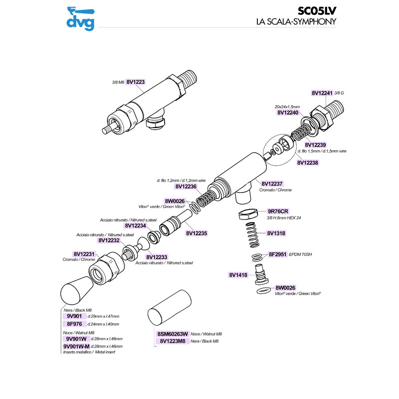 VBM WALNUT GROUP HANDLE WITH METALLIC INSERT M8 D.28X46MM Spare parts