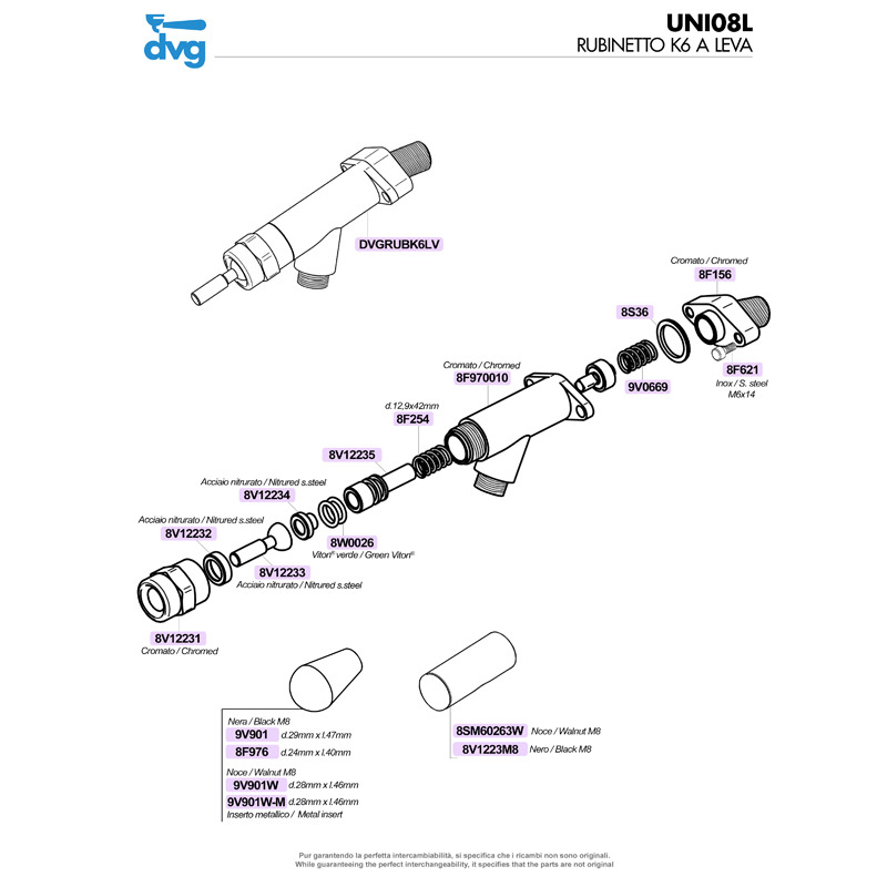 VBM WALNUT GROUP HANDLE WITH METALLIC INSERT M8 D.28X46MM Spare parts