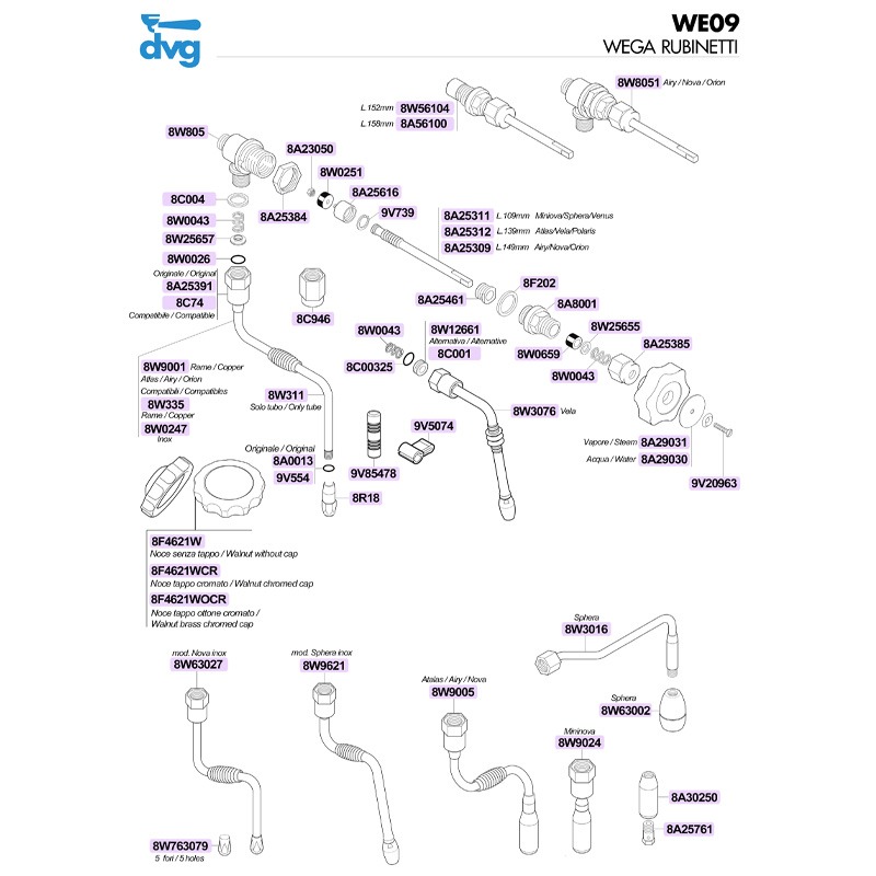 STEAM/WATER TAP UNIT L.158 LONG SHAFT ASTORIA WEGA Spare parts coffee